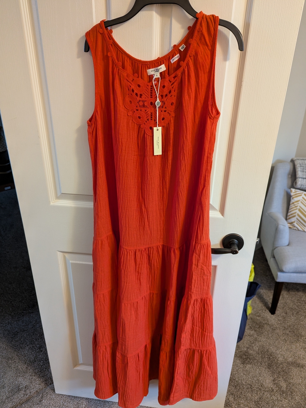 Max Studio Crocheted Yoke Tiered Maxi Dress - Bright Orange